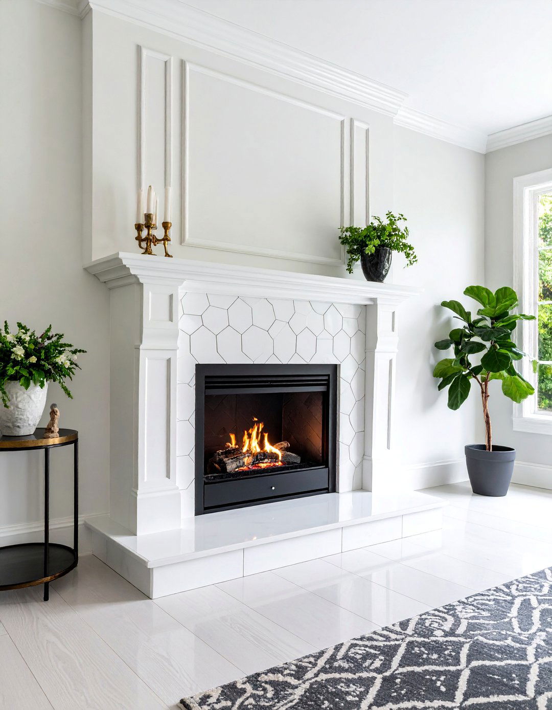 White Marble Hexagon Mosaic with Black Grout - 25 Black and White Fireplace Ideas
