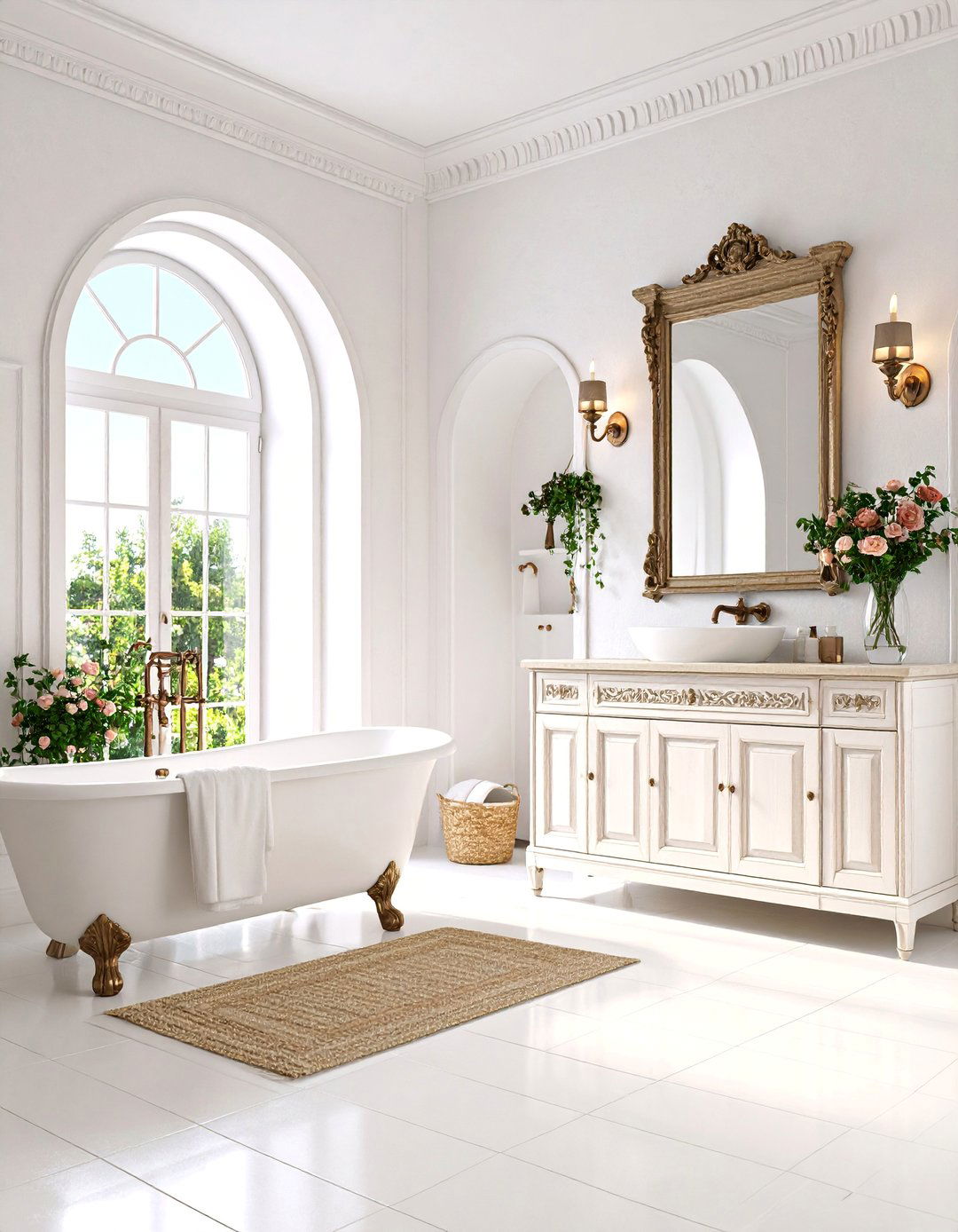 White Mediterranean Bathroom with Arched Details - 25 Small White Bathroom Ideas