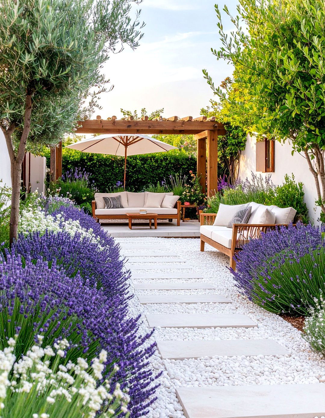 White Mediterranean Garden with Drought Tolerant Plants - 25 White Garden Design Ideas