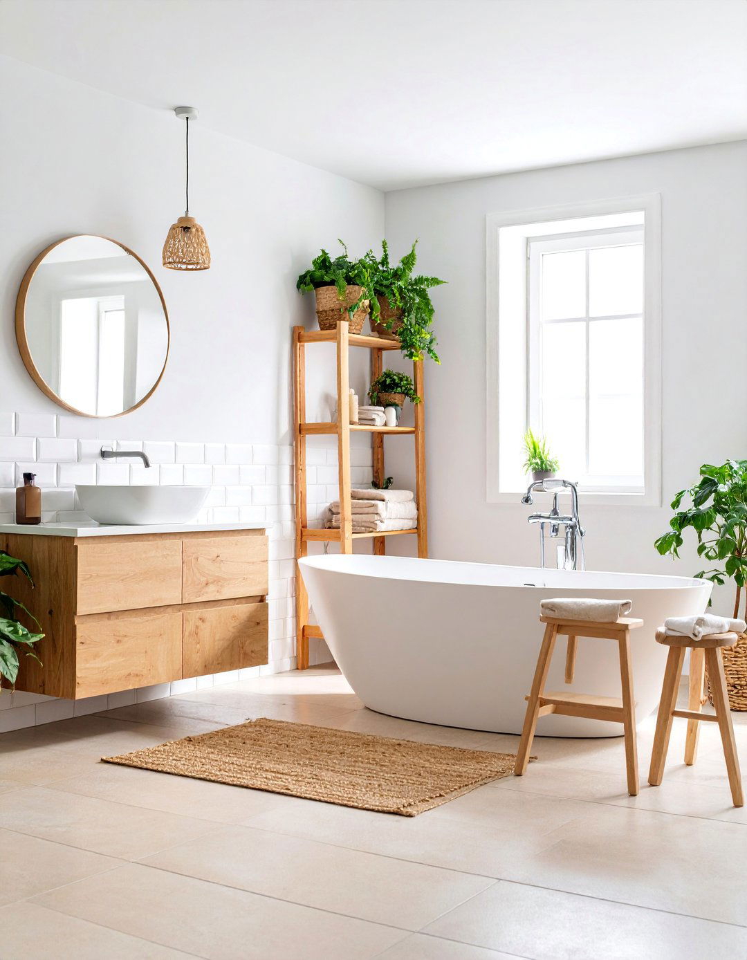 White Minimalist Bathroom with Natural Wood Accents - 25 Scandinavian Bathroom Ideas