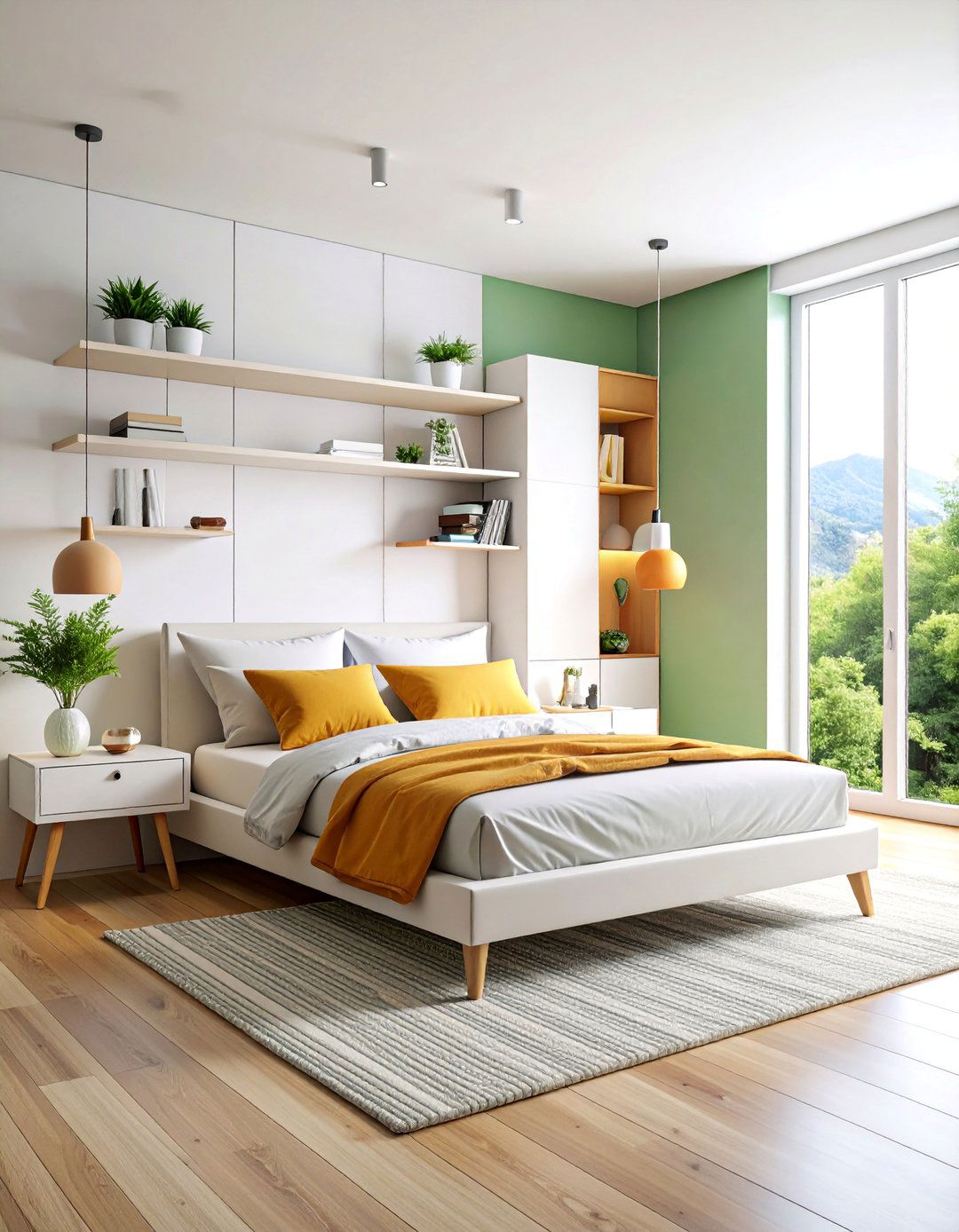 White Minimalist Bedroom with Floating Storage Solutions - 25 Small White Bedroom Ideas