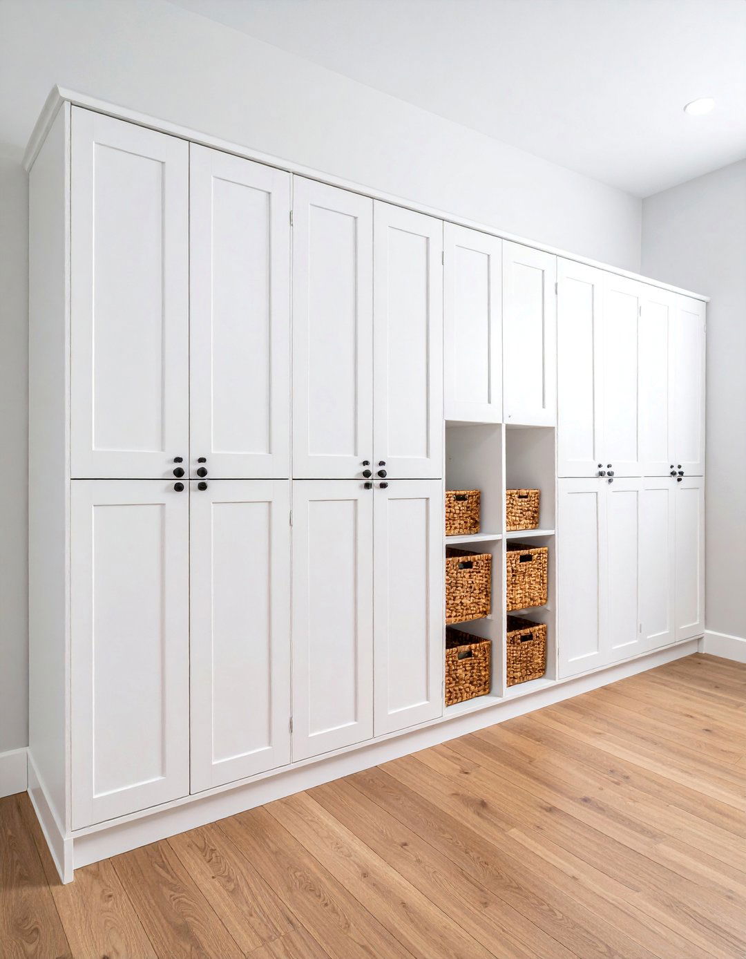 White Mudroom Lockers with Black Hardware - 25 Black and White Entryway Design Ideas