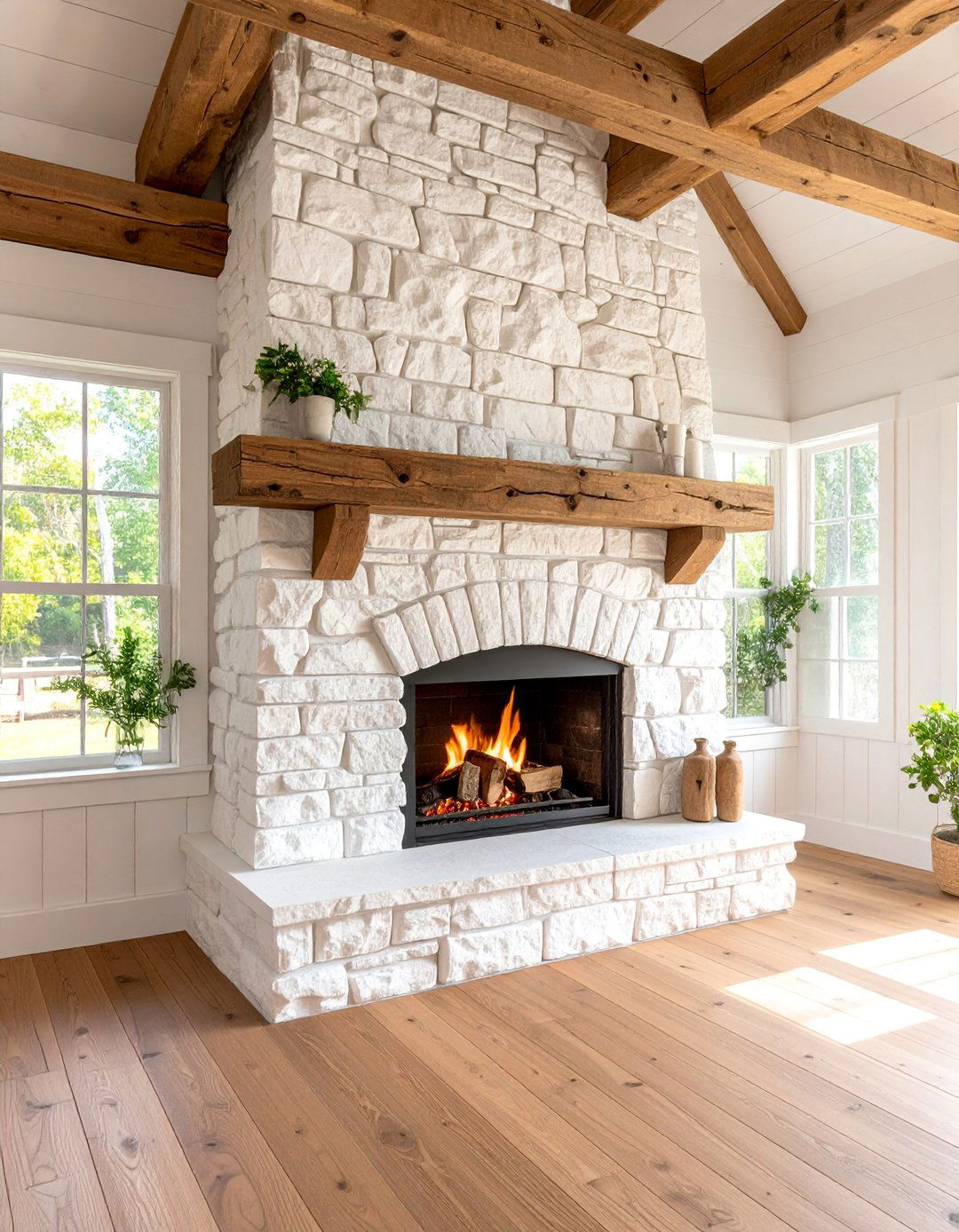 White Natural Stone Fireplace with Rustic Woodland Elements - 25 White Fireplace Ideas