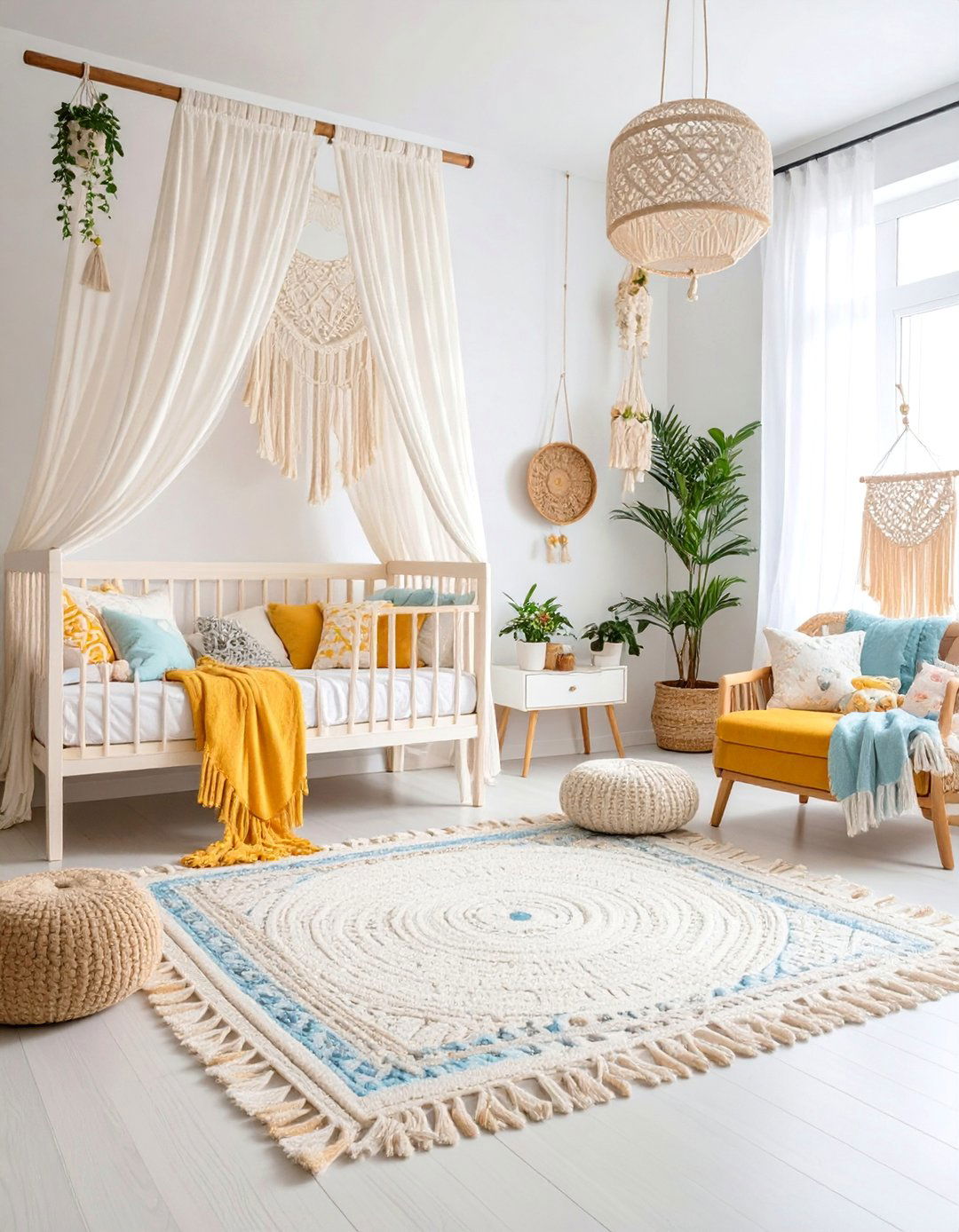 White Nursery with Bohemian Layered Textures - 25 White Nursery Ideas