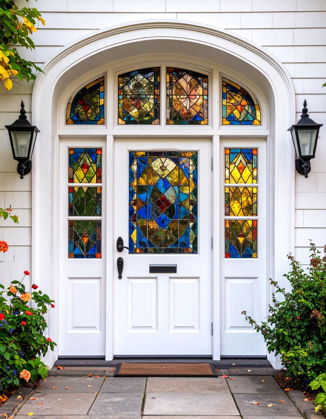 White Oak Door with Leaded Glass Panels - 25 White Oak Front Door Ideas