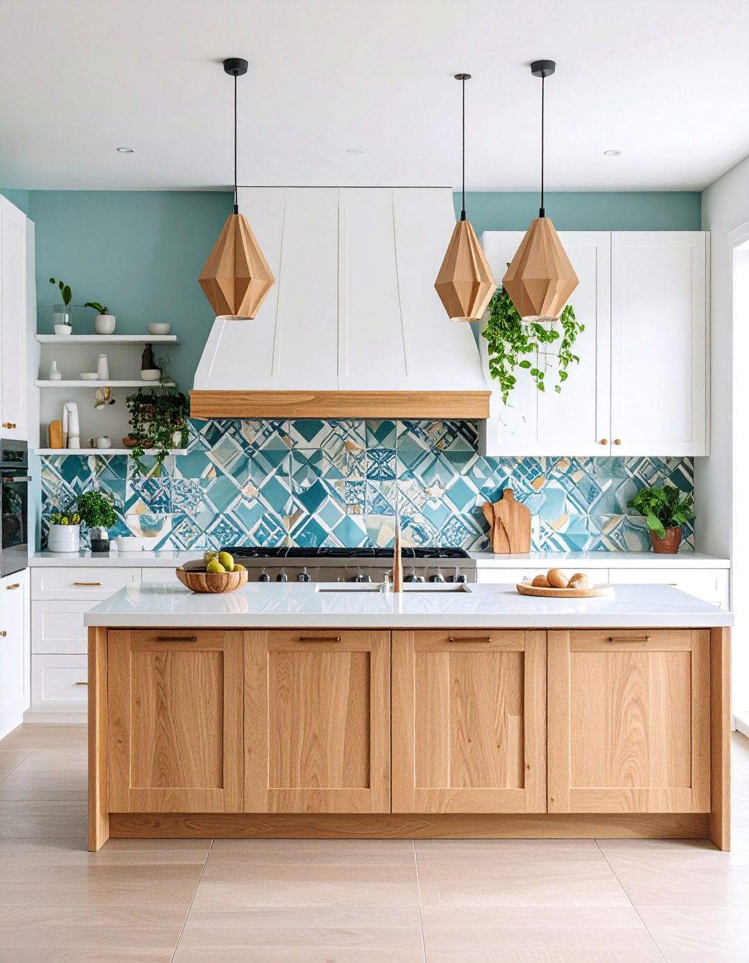 White Oak Kitchen with Bold Geometric Backsplash Design - 25 Kitchens With White Oak Cabinets