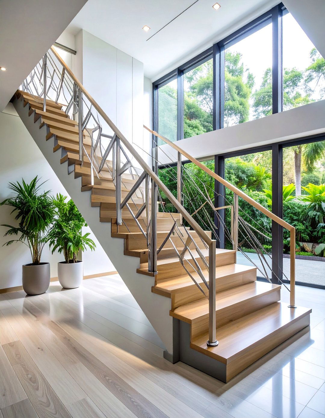 White Oak Staircase with Geometric Metal Inserts - 25 White Oak Staircase Ideas