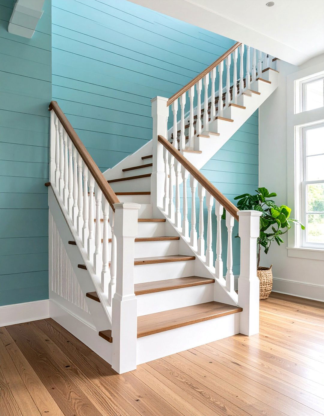 White Oak Staircase with Shiplap Accent Wall - 25 White Oak Staircase Ideas