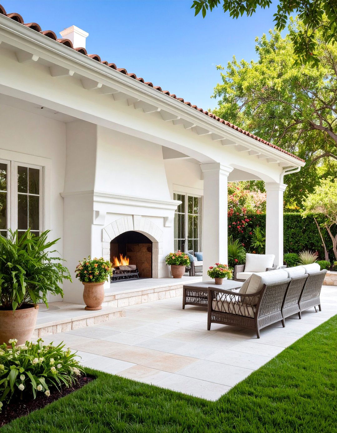 White Outdoor Fireplace for Covered Patio Entertainment Areas - 25 White Fireplace Ideas