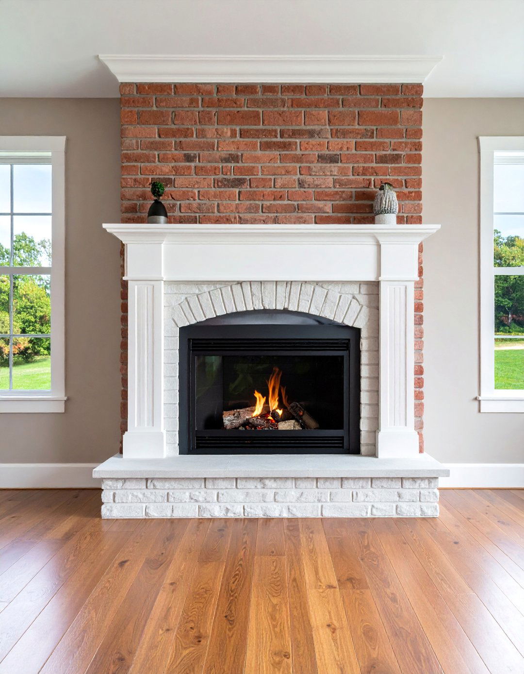 White Painted Brick with Black Metal Fireplace Insert - 25 Black and White Fireplace Ideas