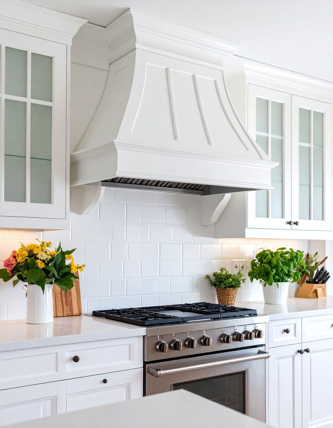 White Painted Wood Range Hood with Crown Molding - 25 Range Hood Ideas