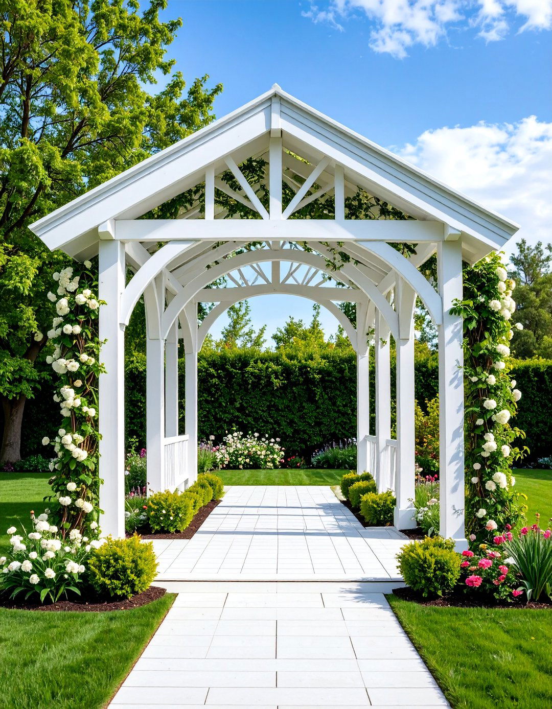 White Painted Wooden Arch with Formal Garden Style - 25 Garden Arch Ideas