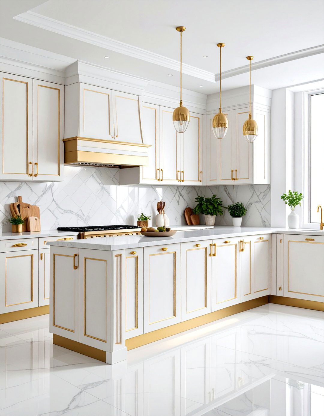 White Porcelain Picket with Gold Trim - 25 White and Gold Kitchen Backsplash Ideas