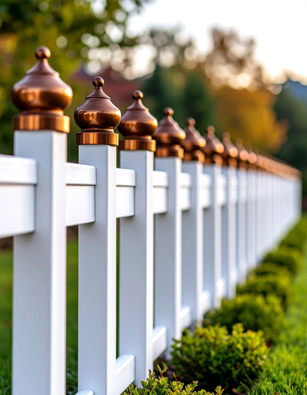 White Privacy Fence with Copper Post Caps - 25 White Privacy Fence Ideas