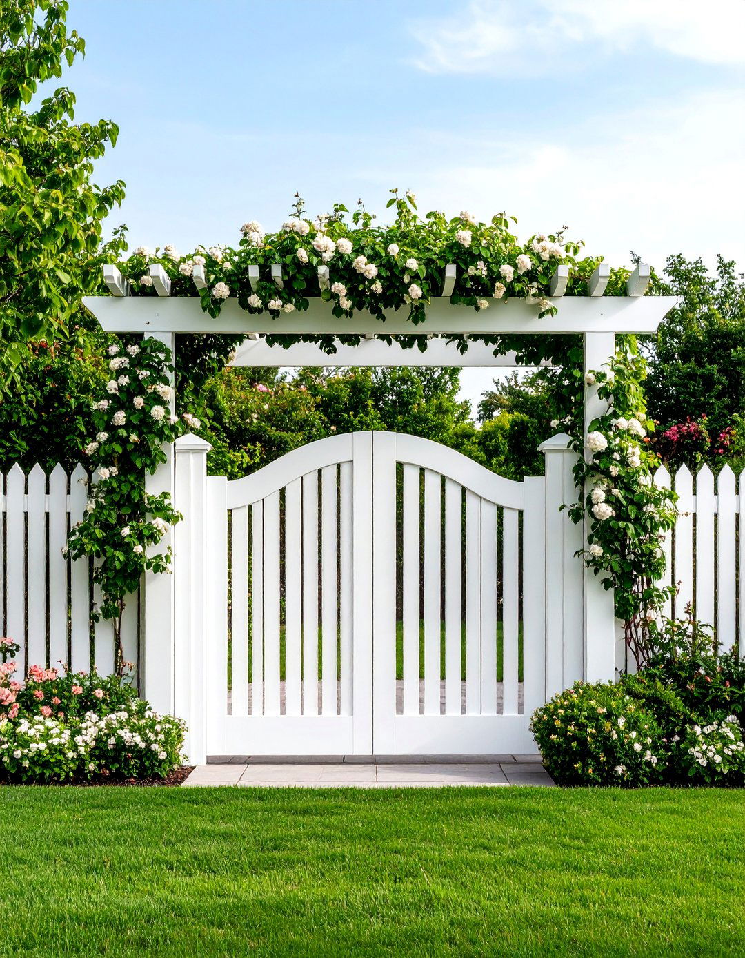 White Privacy Fence with Garden Gate Arbor - 25 White Privacy Fence Ideas