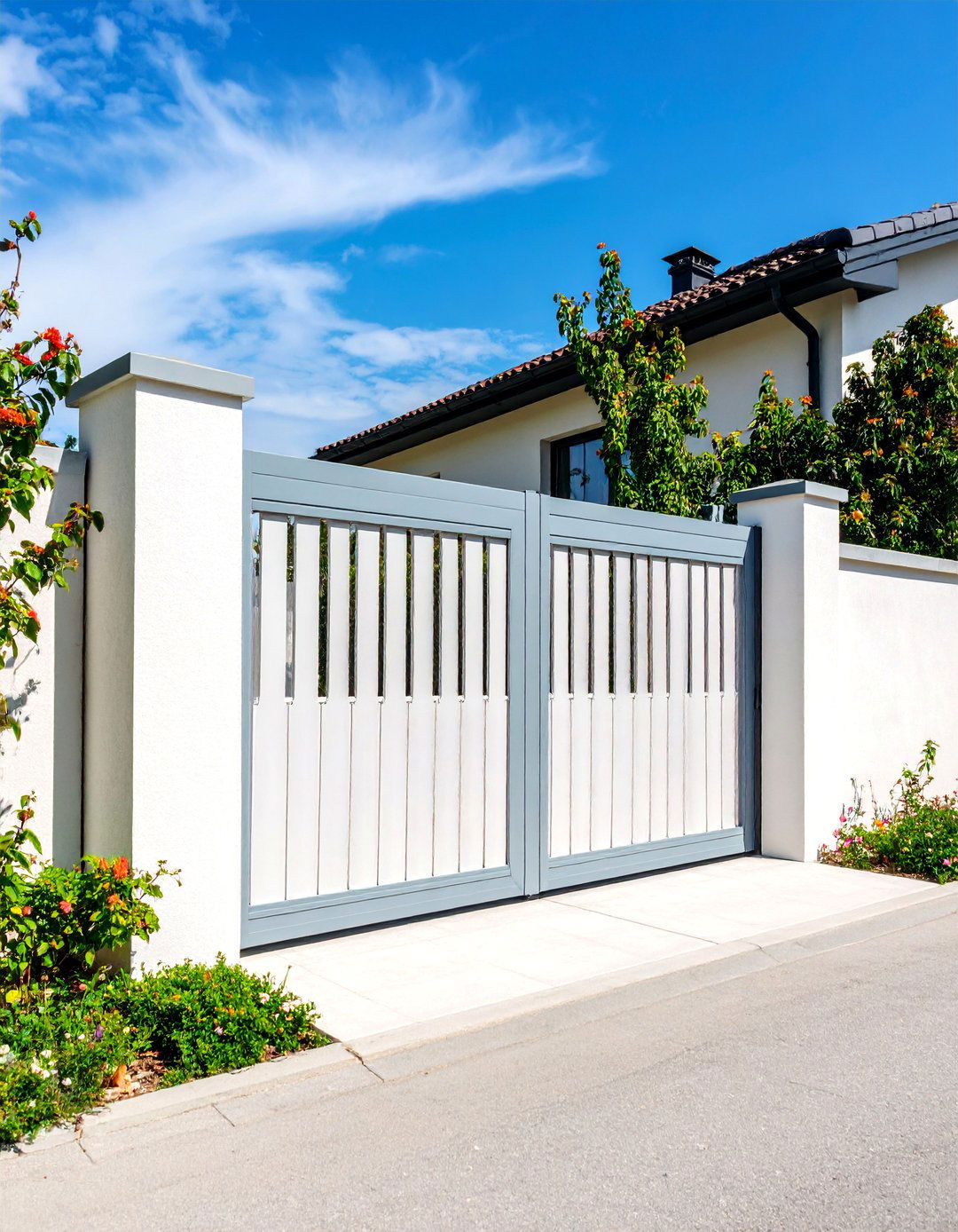 White Privacy Fence with Sliding Gate System - 25 White Privacy Fence Ideas