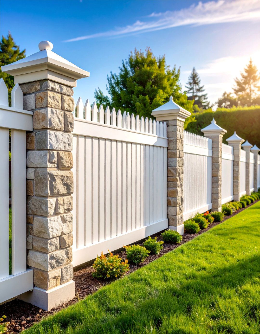 White Privacy Fence with Stone Pillar Accents - 25 White Privacy Fence Ideas