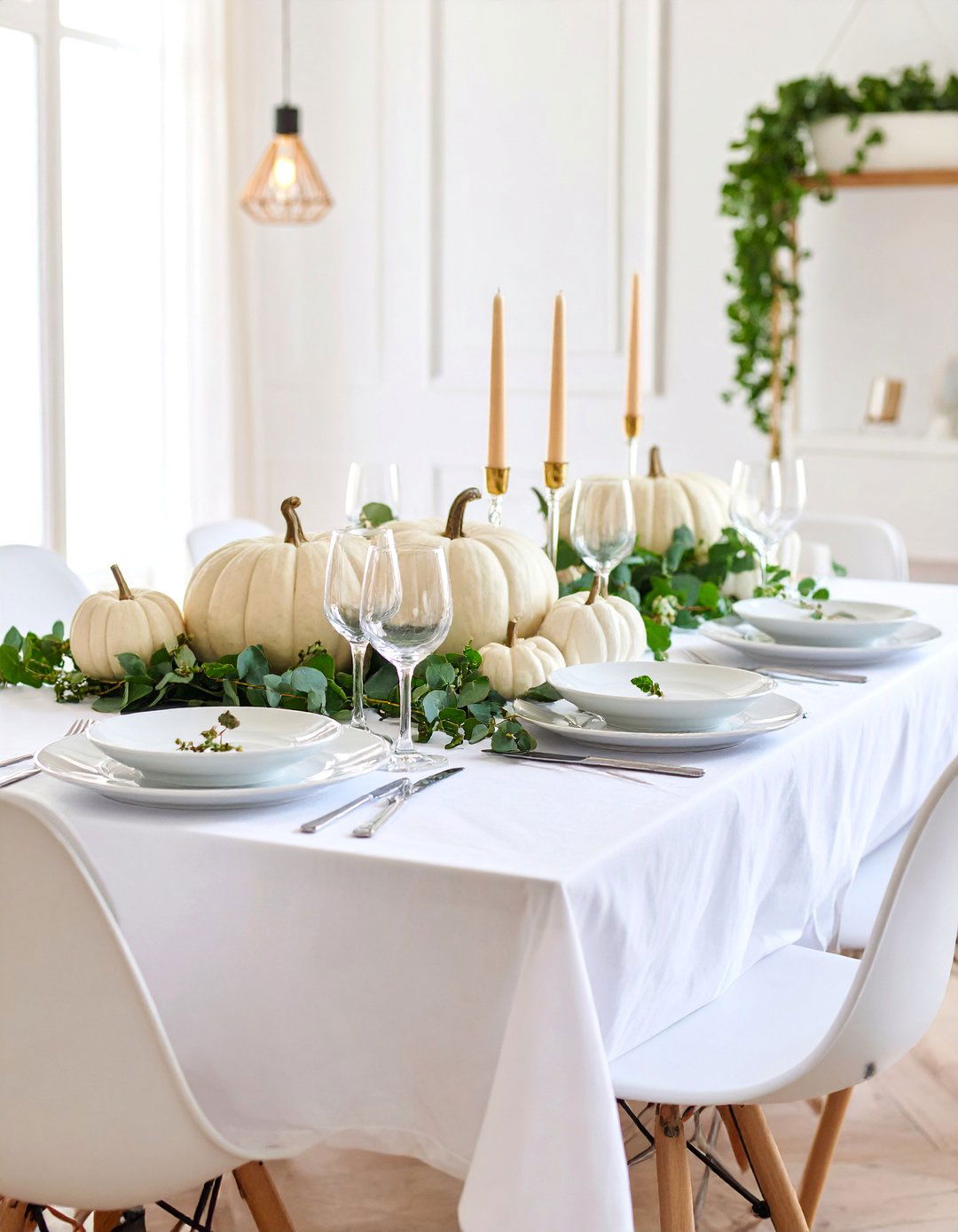 White Pumpkin and Eucalyptus Minimalist Design - 25 Fall Table Decor Ideas