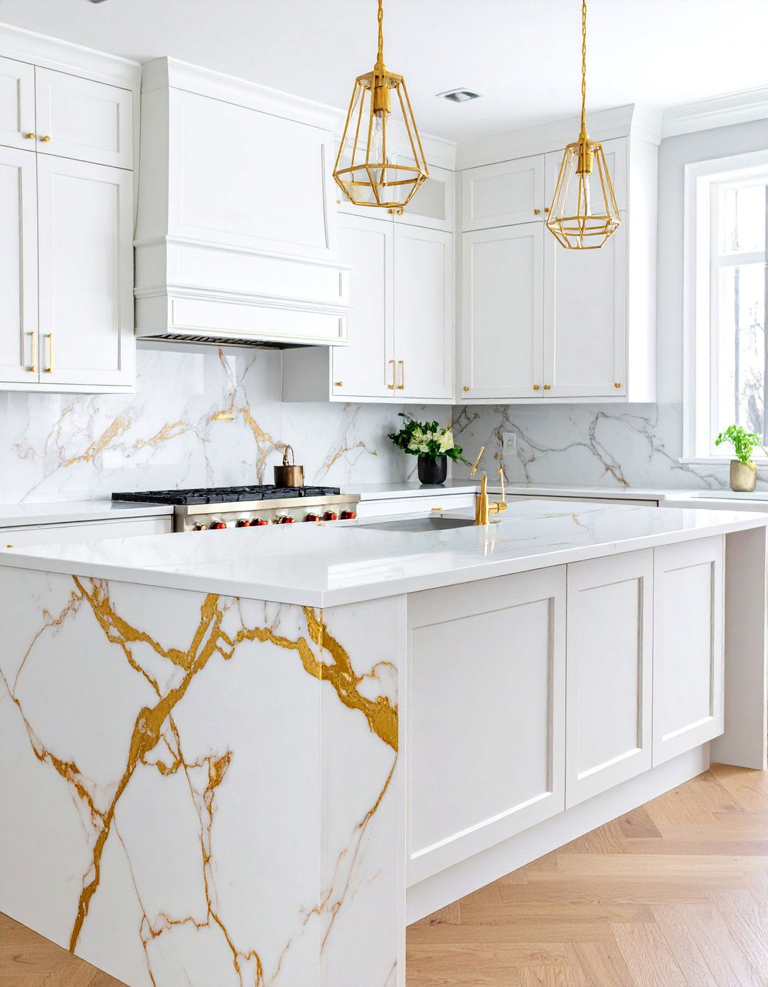 White Quartz Slab with Gold Veining - 25 White and Gold Kitchen Backsplash Ideas
