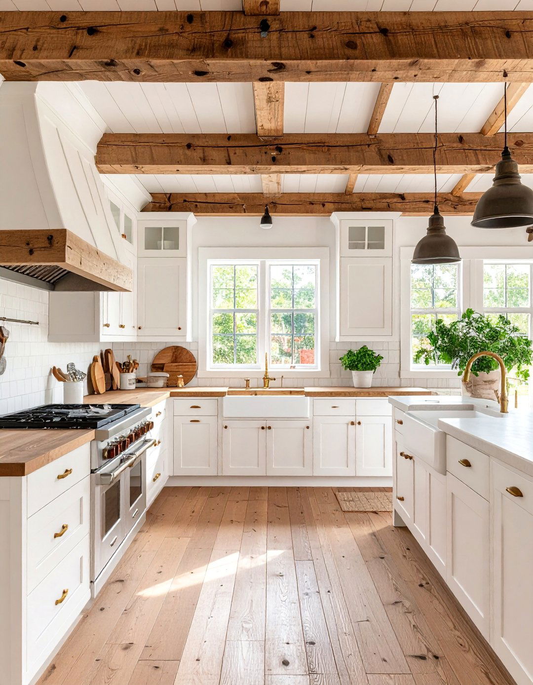 White Rustic Kitchen with Natural Wood Ceiling Beams - 25 Rustic Kitchen Ideas