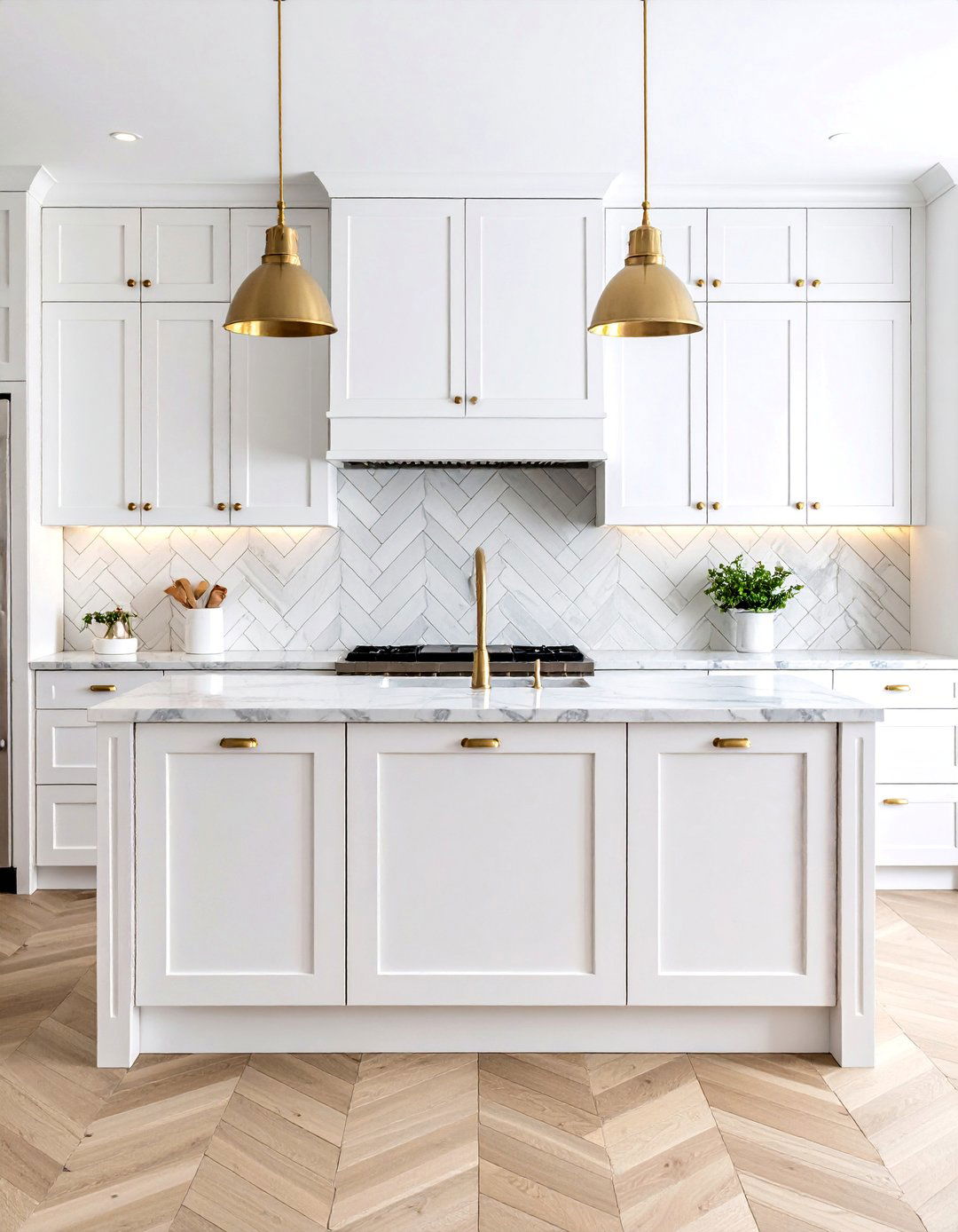 White Shaker Kitchen with Marble Subway Backsplash - 25 Small White Kitchen Ideas