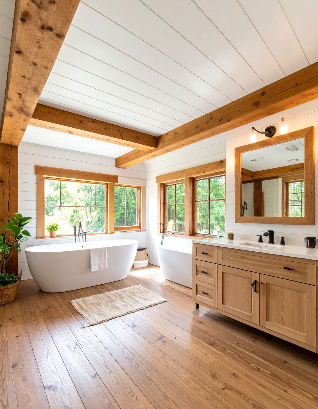 White Shiplap Ceiling with Natural Wood Beams - 25 Bathroom Ceiling Ideas