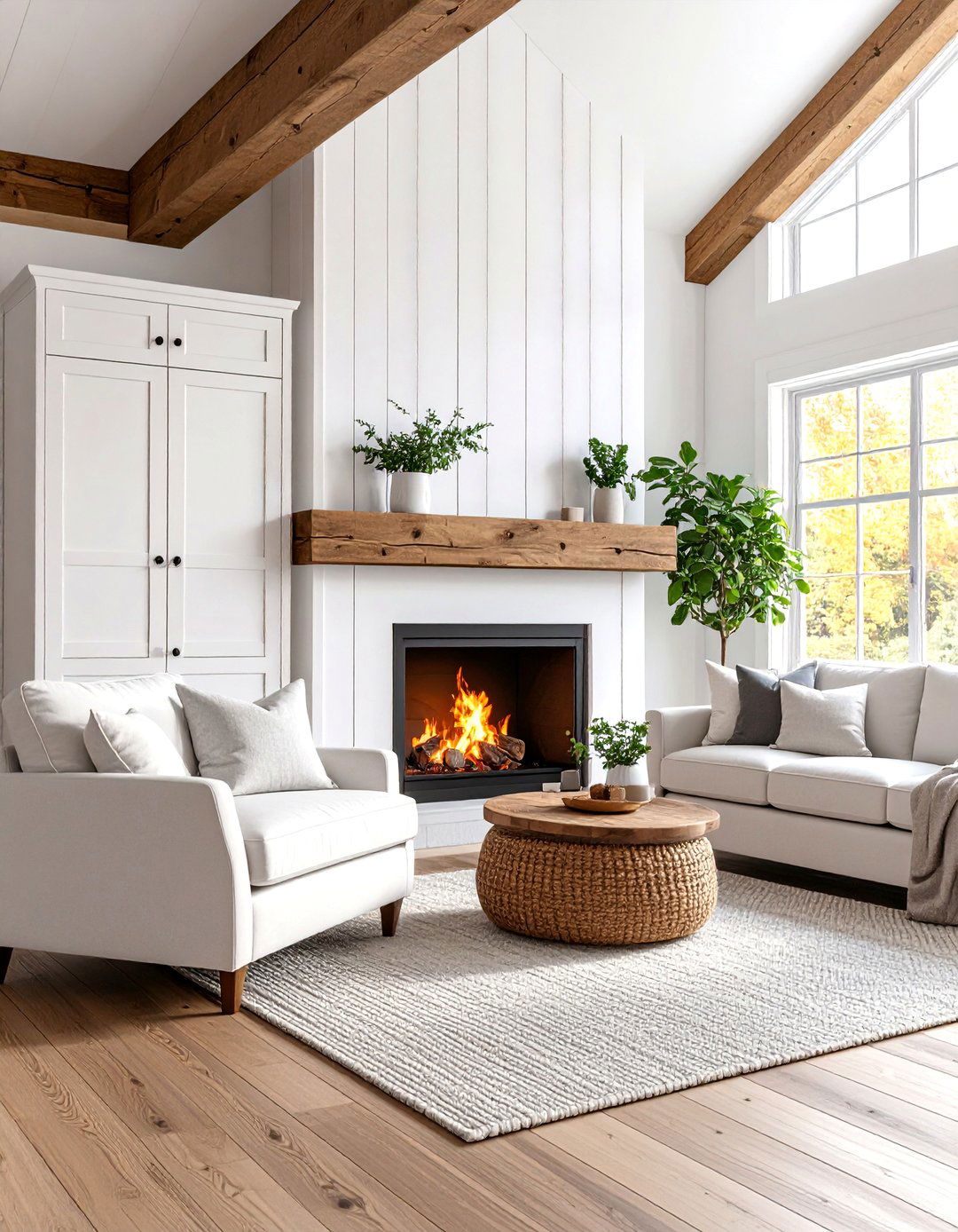 White Shiplap Farmhouse Style with Storage Cabinets - 25 Tv Over Fireplace Ideas