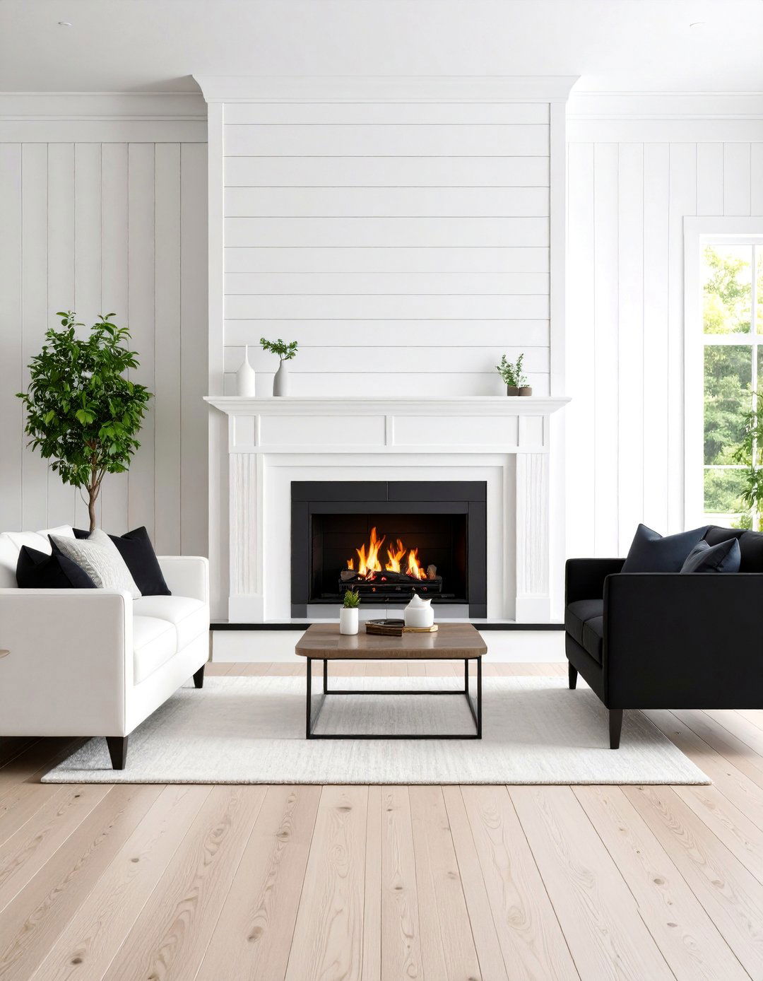 White Shiplap Wall with Black Tile Fireplace Opening - 25 Black and White Fireplace Ideas