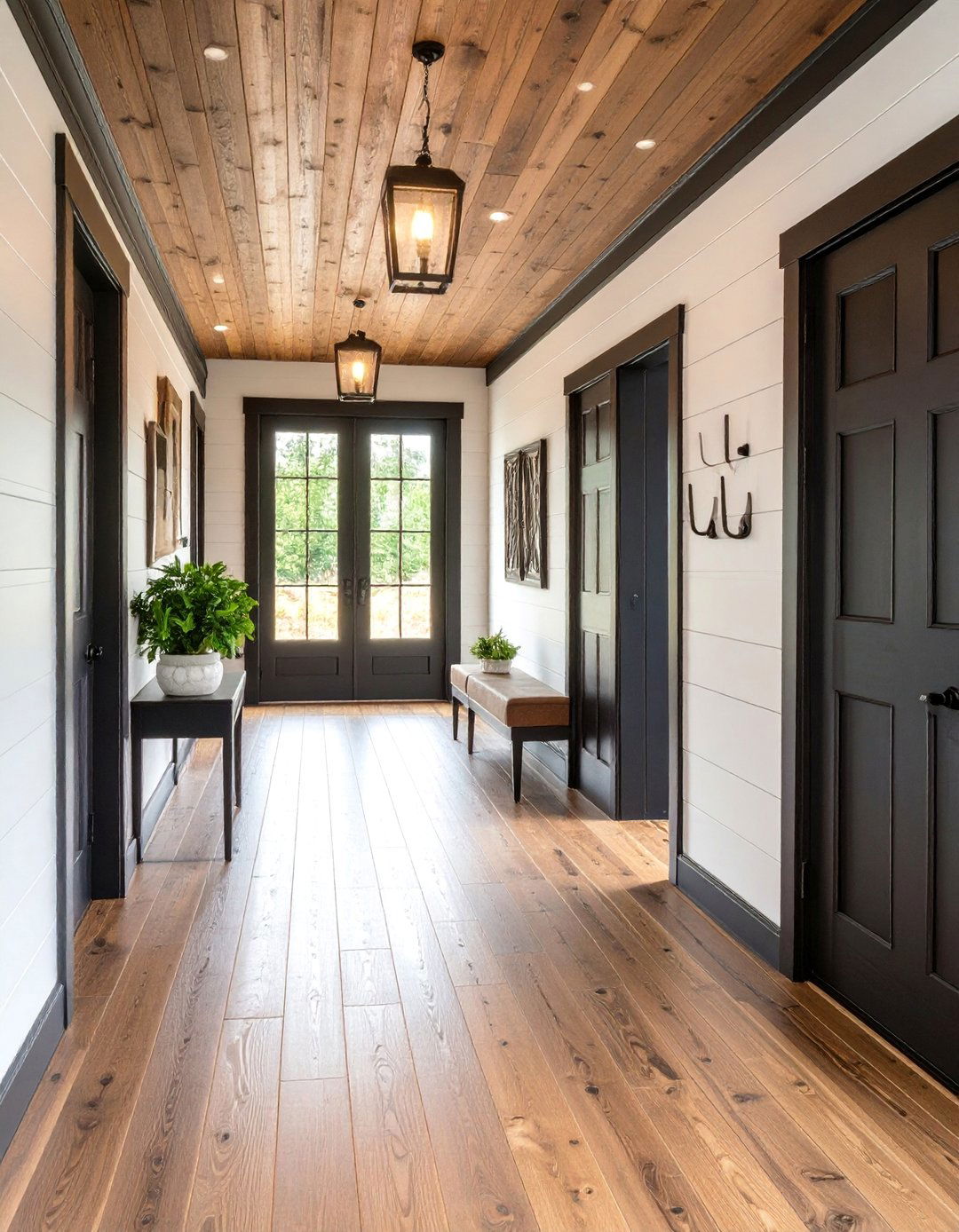 White Shiplap Walls with Black Trim Details - 25 Black and White Entryway Design Ideas