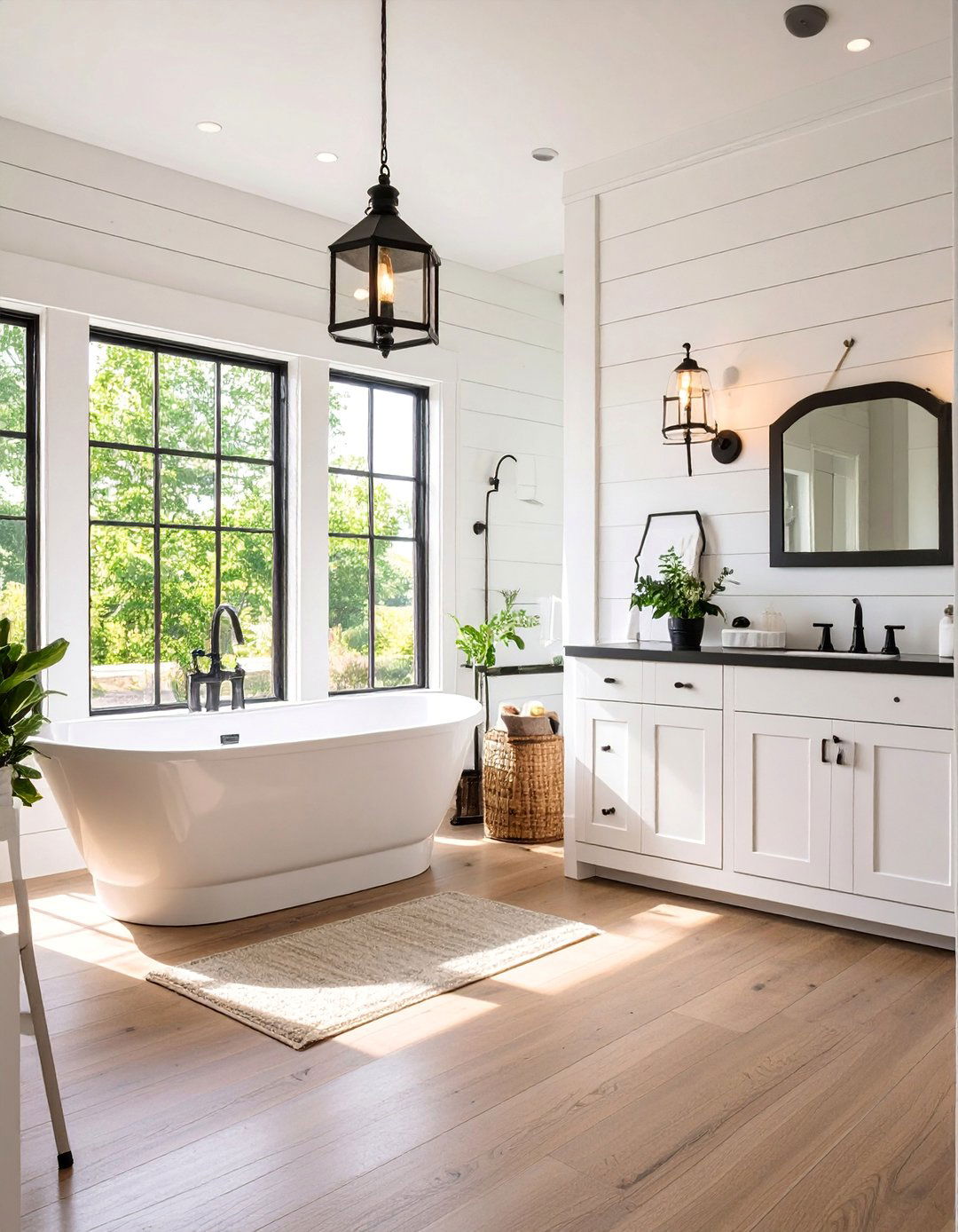 White Shiplap with Black Hardware Farmhouse Style - 25 Black and White Powder Room Ideas
