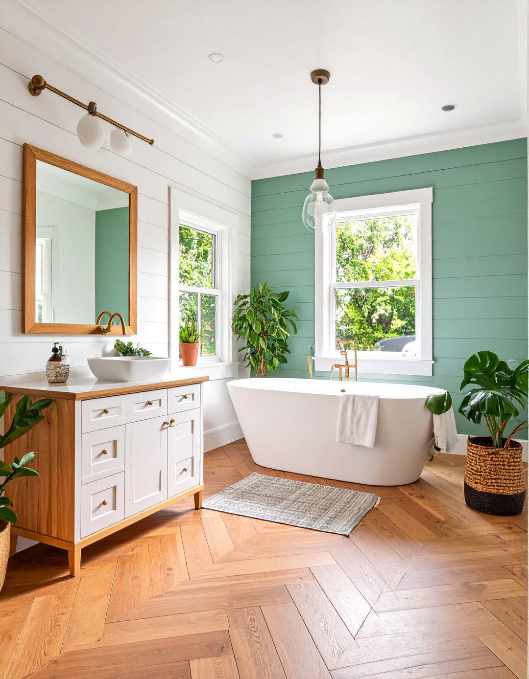 White Shiplap with Herringbone Floor Pattern - 25 shiplap bathroom ideas