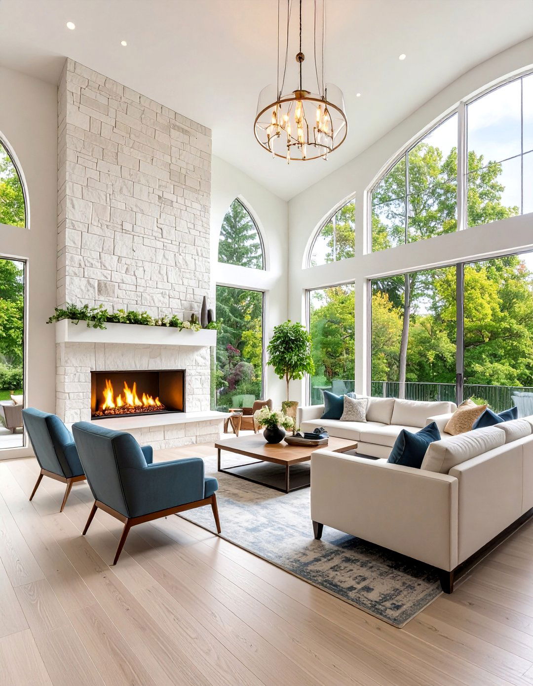 White Stacked Stone Two Story Fireplace with Linear Insert - 25 Two-story Fireplace Ideas