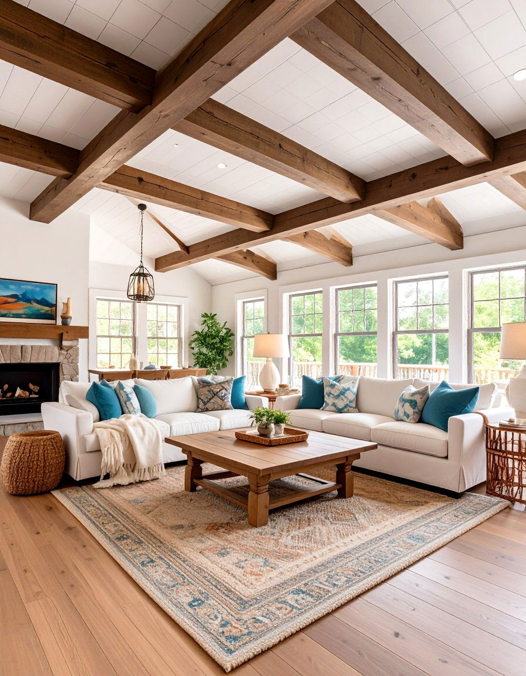 White Stained Oak Plank Ceiling with Dark Beams - 25 Rustic Ceiling Ideas