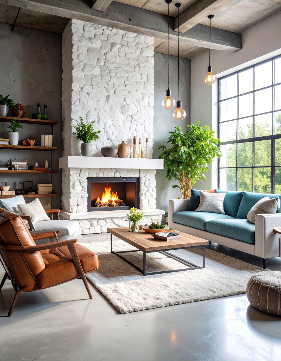 White Stone Fireplace with Industrial Modern Elements - 25 White Stone Fireplace Ideas