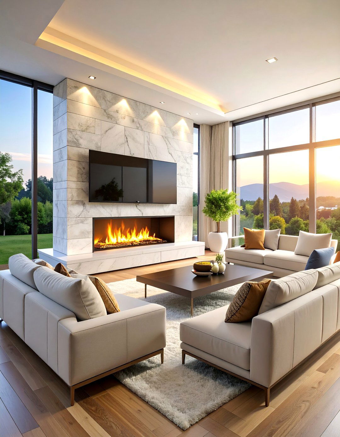 White Stone Fireplace with Television Integration - 25 White Stone Fireplace Ideas