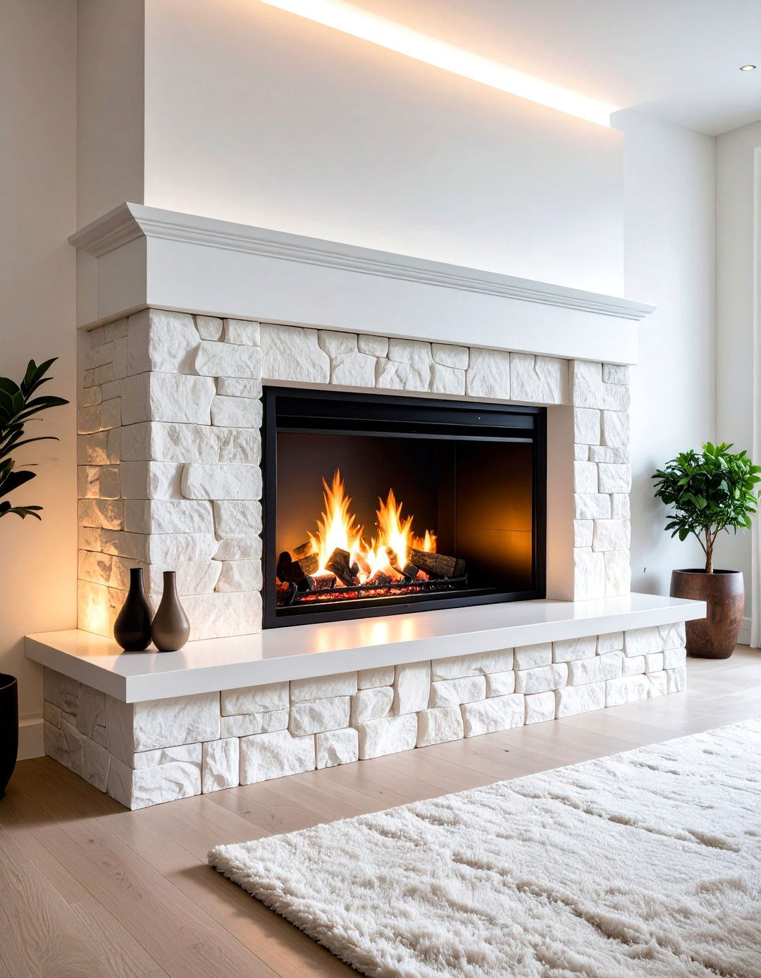 White Stone Veneer with Black Accent Lighting - 25 Black and White Fireplace Ideas