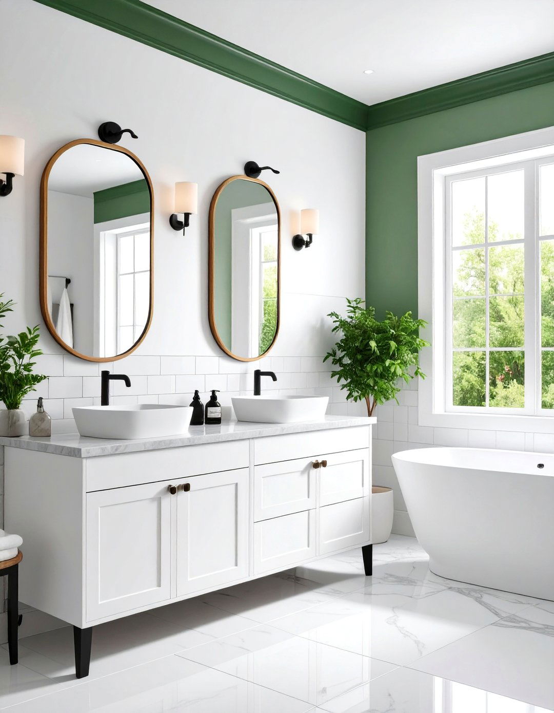 White Subway Tiles with Green Border Strips - 25 black, white and green bathroom ideas