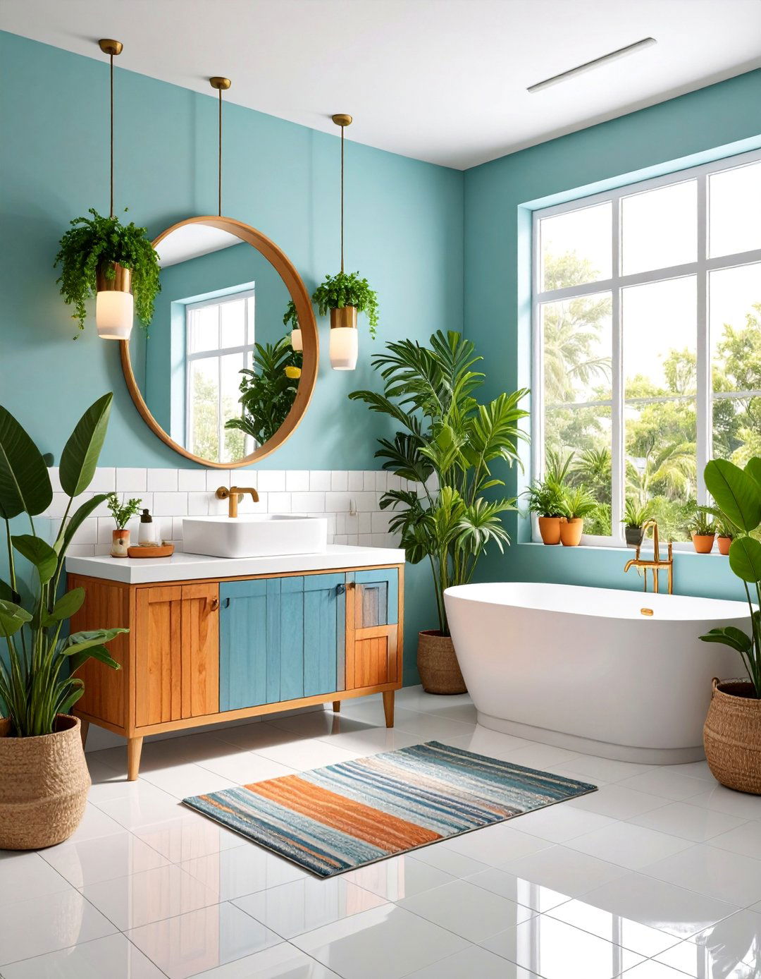 White Tile Bathroom with Bold Accent Colors - 25 White Tile Bathroom Ideas