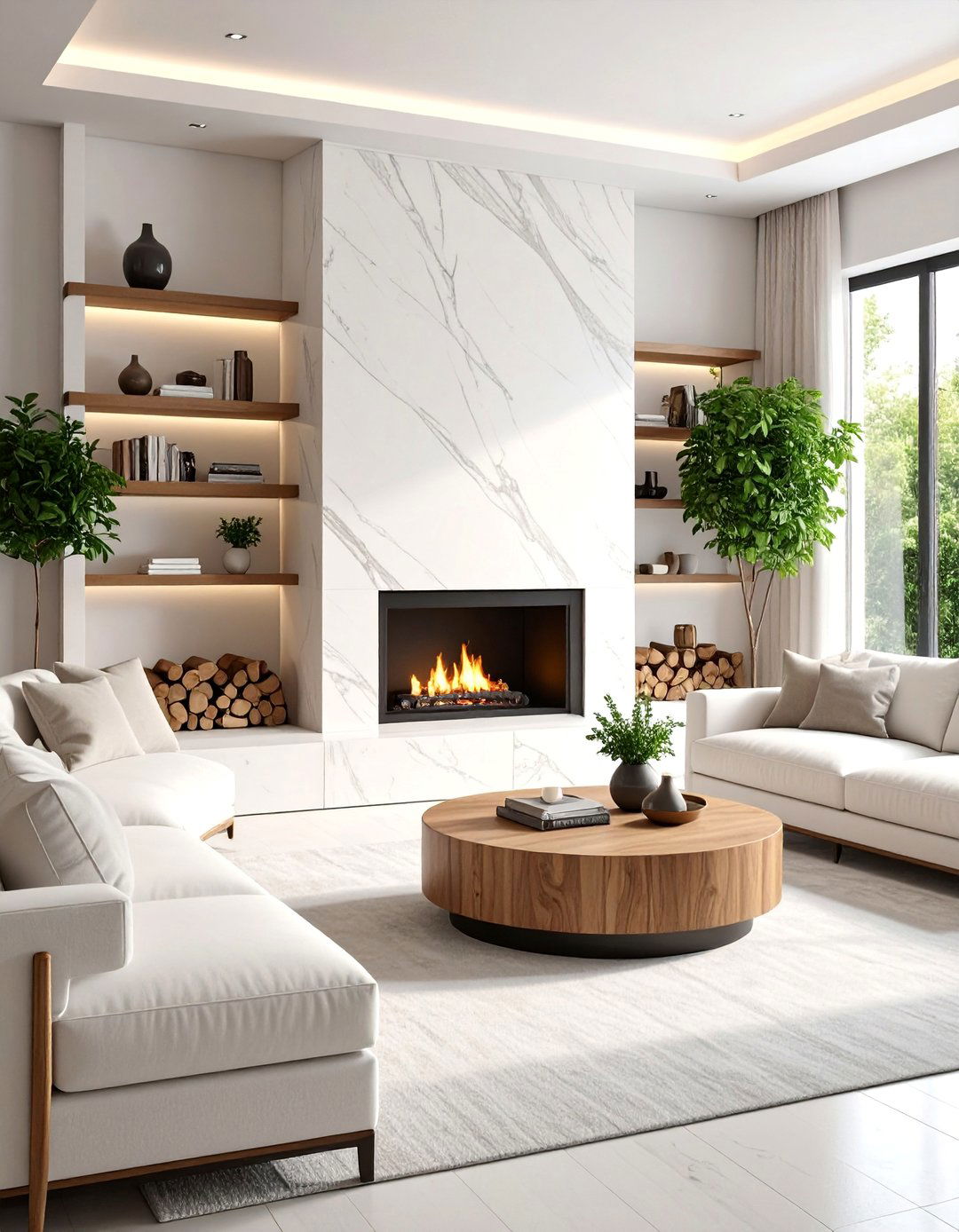 White Travertine Fireplace with Built in Storage - 25 White Stone Fireplace Ideas