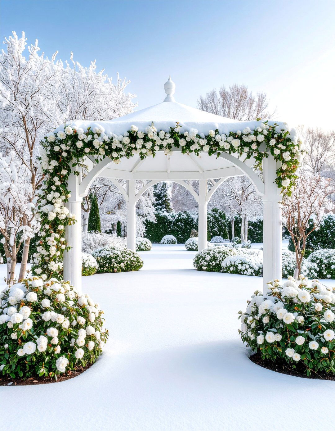 White Winter Garden with Evergreen Structure - 25 White Garden Design Ideas