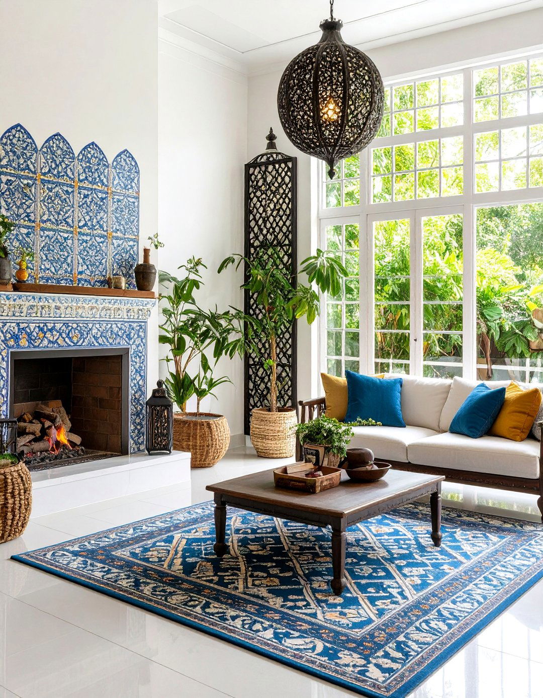 White Zellige Tile with Black Iron Fireplace Screen - 25 Black and White Fireplace Ideas