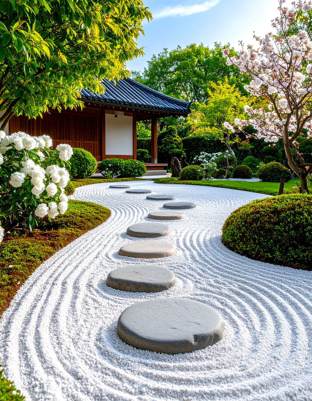 White Zen Garden with Minimalist Japanese Elements - 25 White Garden Design Ideas
