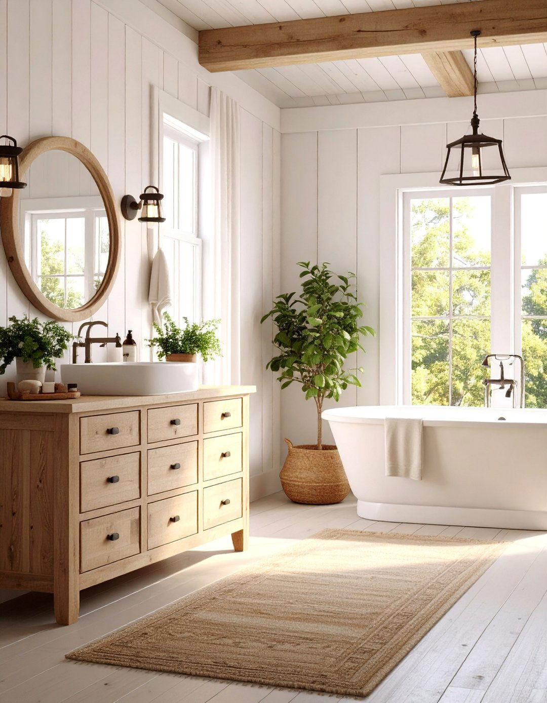 White and Natural Wood Farmhouse Bathroom - 25 Neutral Bathroom Ideas