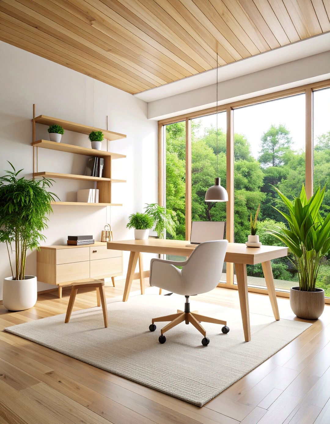 White and Natural Wood Zen Space - 25 Home Office Ideas for Her