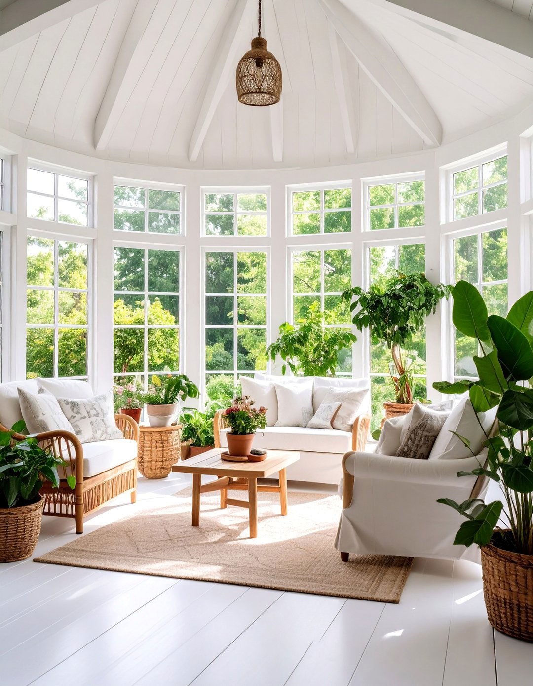 White on White Farmhouse Sunroom with Slipcover Furniture - 25 Farmhouse Sunroom Ideas