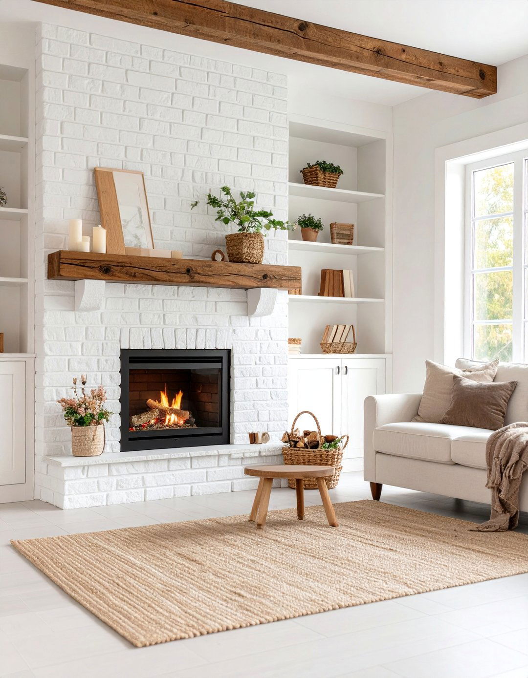 Whitewashed Brick Fireplace with Reclaimed Wood Mantel - 25 Brick Fireplace Ideas