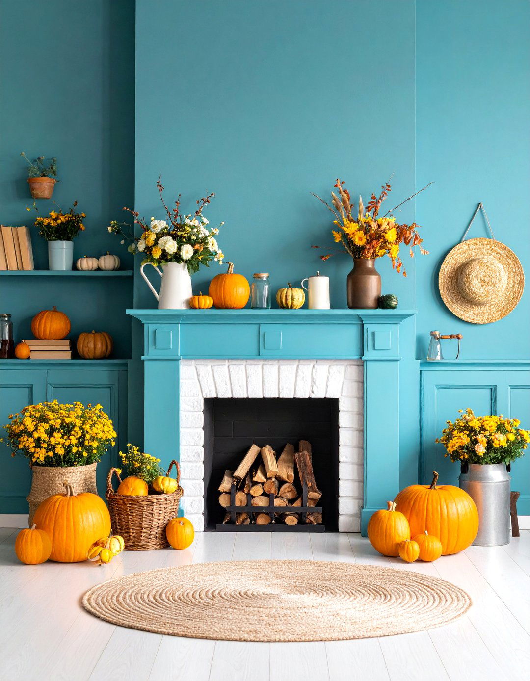 Whitewashed Brick Fireplace with Vintage Farmhouse Decor - 25 White Brick Fireplace Ideas