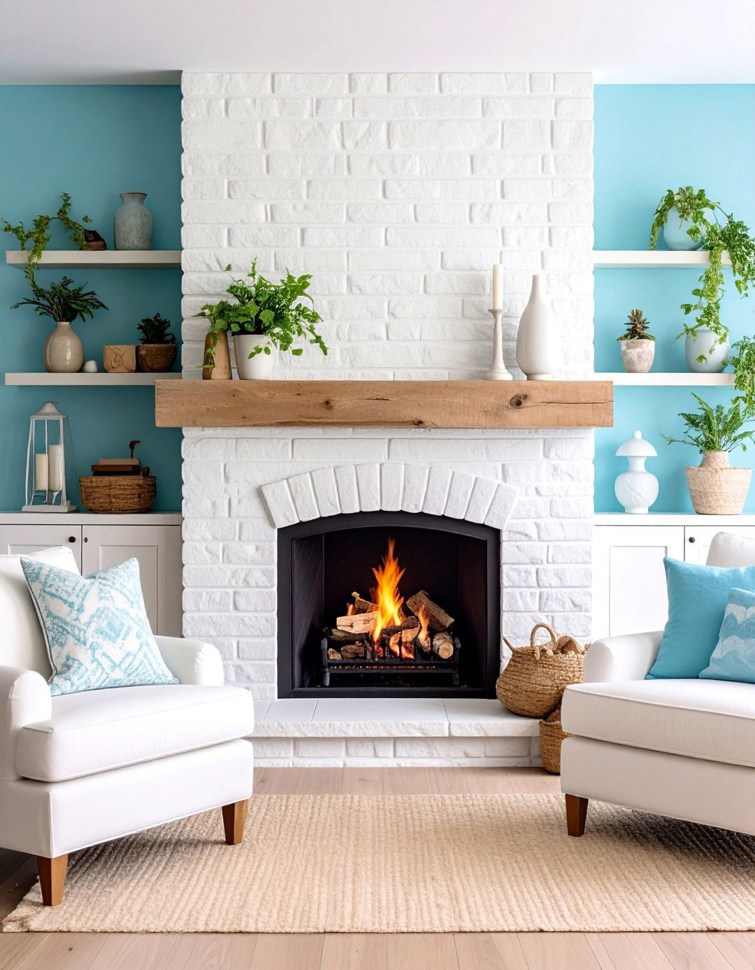 Whitewashed Brick Rustic Fireplace with Coastal Theme - 25 Rustic Fireplaces