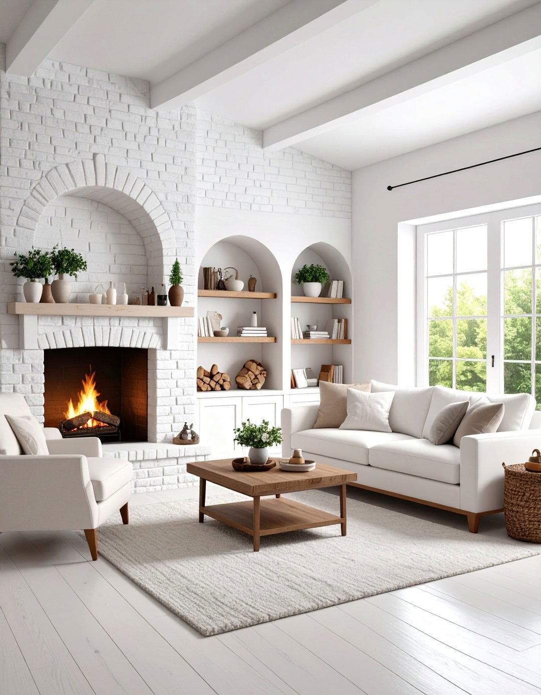Whitewashed Brick with Arched Alcove Storage
