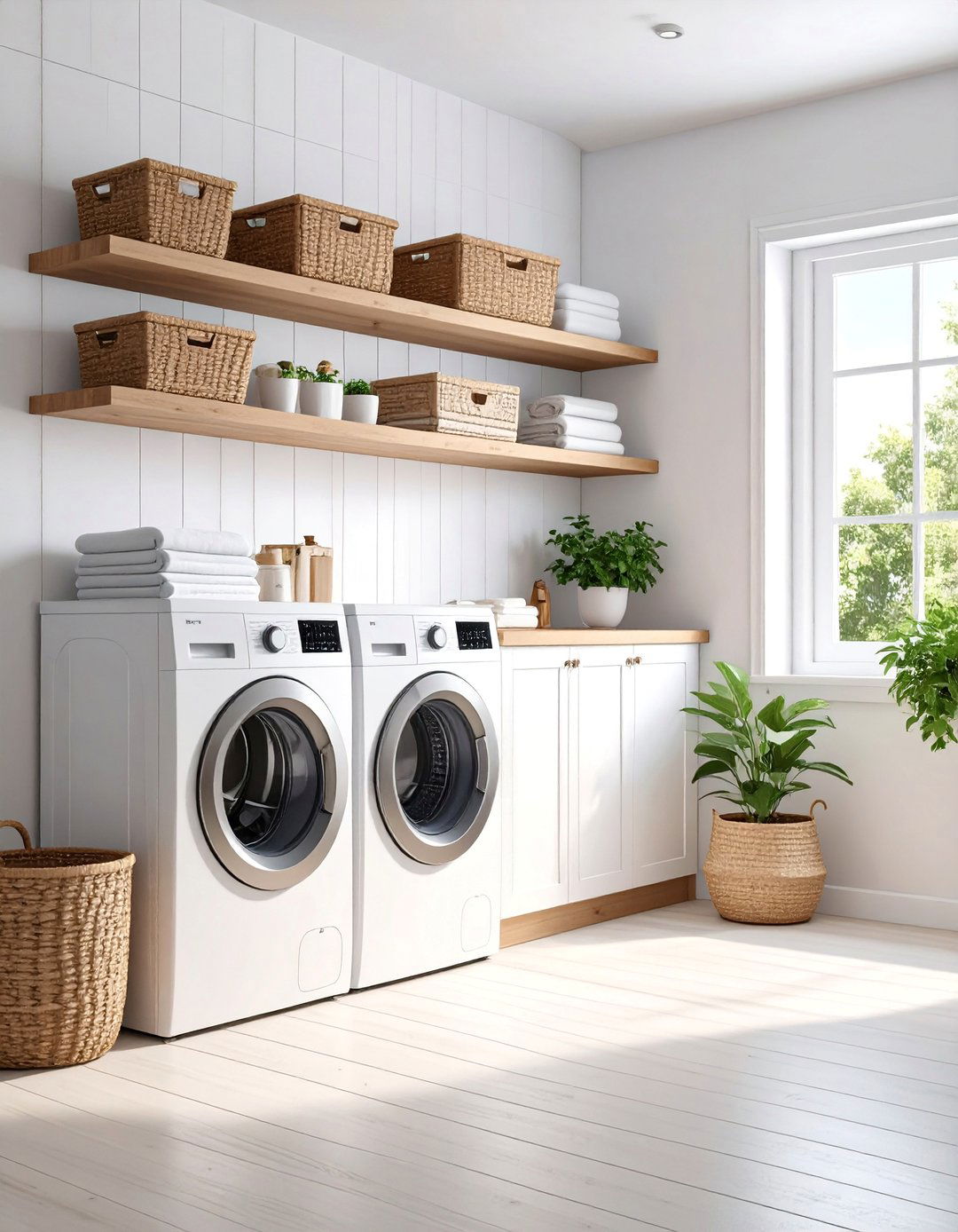 Whitewashed Shiplap with Natural Wood Accents - 25 Shiplap Laundry Room Ideas